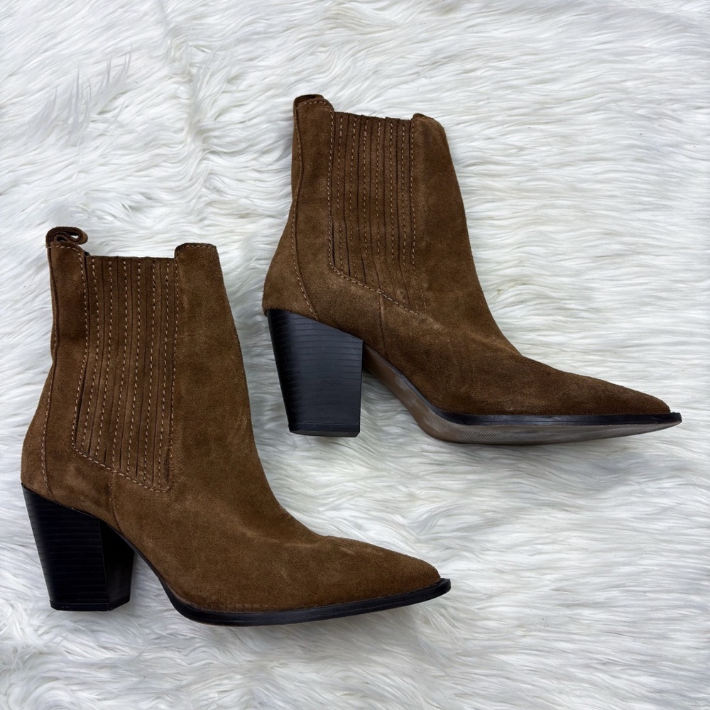 Mango Suede Leather Pointed Toe Block Heel Chelsea Western Ankle Boot Brown Tan - Picture 3 of 11